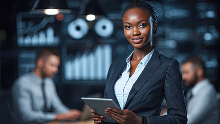Confident businesswoman, likely a manager or leader, stands in an office setting, holding a tablet computer.  Two other blurry figures are present in the background, focused on a computer.  Charts and graphs are visible on the walls, suggesting a data-driven environment.の素材