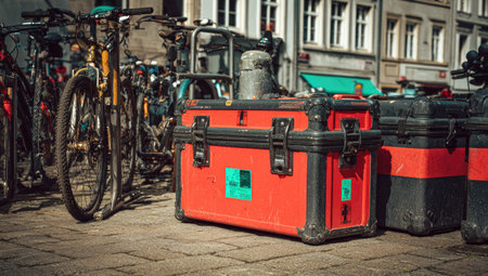 Several red and black hard-shell equipment cases are positioned on a city street, alongside parked bicycles.  The cases appear to be sturdy and durable.の素材