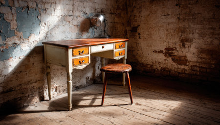 Vintage writing desk and stool in a rustic interior, situated in a corner of a room with a brick wall. The desk and stool have a light cream/off-white paint, with hints of orange accents on drawers, and the stool has a wooden construction. The wooden floor is light brown, and natural light casts shadows within the room, creating depth.の素材