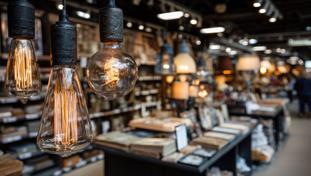 Close-up view of several vintage-style Edison bulbs hanging in a shop, showcasing warm lighting and a general interior design aesthetic.  The background is softly blurred, highlighting the display of various home decor items.の素材