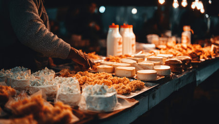 Wide selection of cheeses and pastries are displayed on a table at an outdoor market stall. A person is seen handling some of the food items.  The lighting is warm and highlights the different food items.の素材
