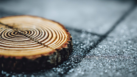 Close-up image of a circular slice of wood, showcasing the intricate wood grain patterns and rings. The lighting highlights the natural textures and colors of the wood.の素材