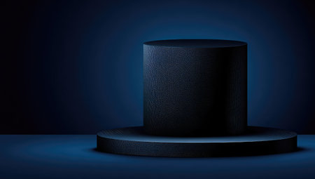 Dark blue cylinder-shaped pedestal, positioned atop a circular platform, is set against a deep, dark blue backdrop. The image is a sophisticated presentation, suitable for showcasing products in a contemporary fashion. The lighting and textures create depth and visual interest.の素材