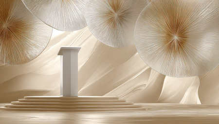 Light beige and cream colored minimalist podium with a white presentation lectern or stand.  The scene is set against a backdrop of flowing, abstract shapes and decorative, circular elements. Soft lighting and gentle textures create a serene and sophisticated atmosphere.の素材