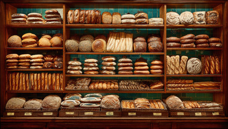 Full image of a bakery interior showcasing a wide selection of breads and pastries displayed on wooden shelves against a teal background. The breads are arranged in various sizes and shapes.の素材