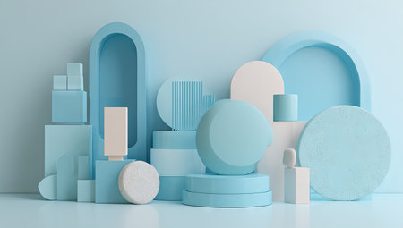 Digital rendering featuring a collection of various geometric shapes in light blue and white tones arranged against a light-blue background. The scene's composition incorporates cubes, cylinders, circles, and ovals in varying sizes, creating a visually striking abstract display.の素材