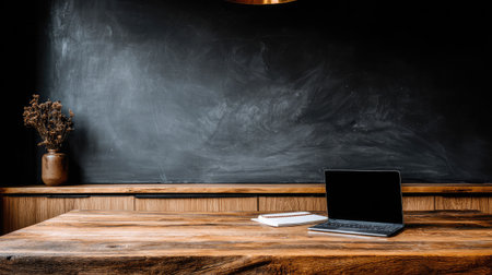 A rustic wooden desk features a laptop and notebook in front of a dark blackboard.の素材