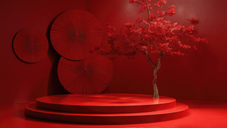 Vibrant red minimalist scene with three circular decorations, a stylized tree, and a tiered platform. The scene is designed for product display or as a backdrop.  The color scheme is rich and intense, creating a captivating visual aesthetic.  The composition is geometric and symmetrical.の素材