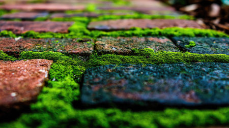 Moss covers weathered bricks on an outdoor pathway.の素材