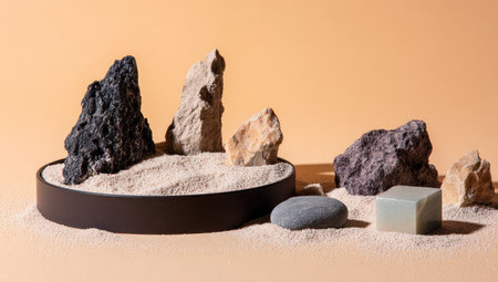 Shot of various rocks and stones, including a dark gray rock, beige rocks, and a light teal square, resting on a bed of light beige sand. The arrangement is within a round, dark gray or black frame, creating a decorative display. The scene is illuminated to showcase the texture and form of the objects.の素材
