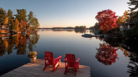 A tranquil lake scene at sunset with red chairs on a dock.の素材