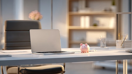 A piggy bank and laptop sit on a bright office desk.の素材