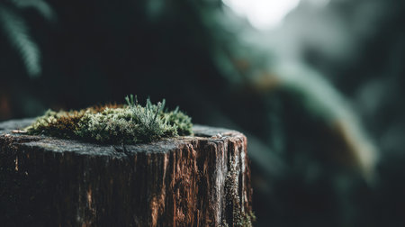 Moss covers a weathered tree stump, symbolizing nature's resilience and growth.の素材