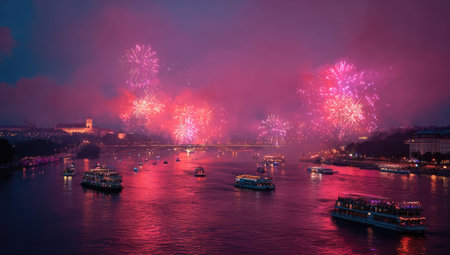 Panoramic view of a river at night, with numerous pleasure boats on the water, and a vibrant display of pink fireworks exploding in the dusky sky above. The city skyline is visible along the riverbanks.の素材