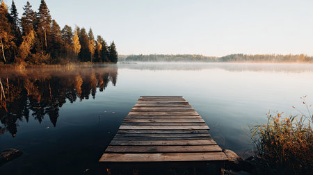 A wooden pier leads out to a mist-covered lake on a quiet autumn morning.の素材