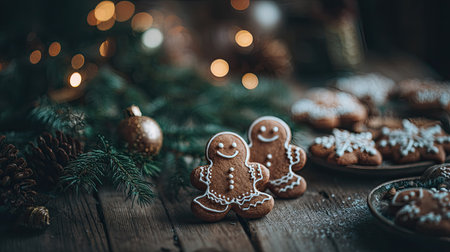 Christmas gingerbread cookies on a rustic wooden background with bokehの素材