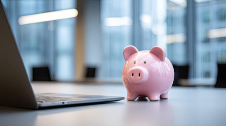 A piggy bank is placed next to a laptop on a table in a meeting room.の素材