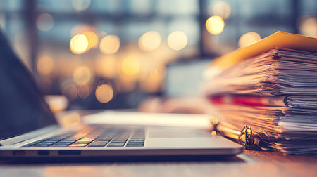 A laptop and a large stack of papers are on a desk, implying work and study.の素材