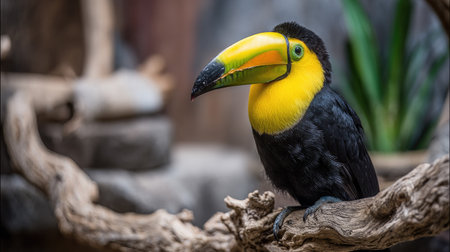 A toucan with a large, colorful beak rests on a tree branch.の素材