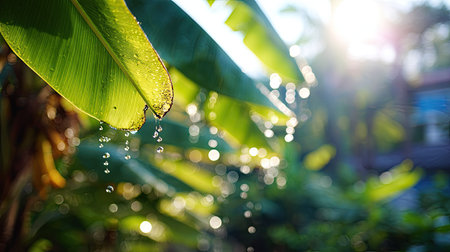 Water drops sparkle as they fall from a lush green leaf in the sun.の素材