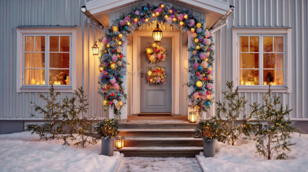 A welcoming house entrance adorned with festive decorations and lights in the snow.の素材