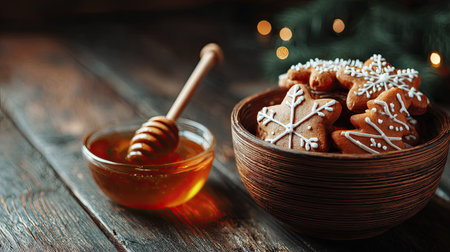 A bowl of decorated gingerbread cookies sits near honey with a dipper.の素材