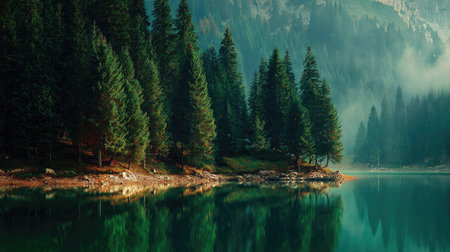 A peaceful forest lake reflects surrounding trees and misty mountains.の素材