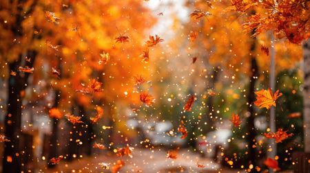 A beautiful scene of falling autumn leaves with glowing bokeh lights.の素材