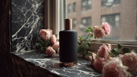 Sleek, matte black cosmetic bottle with metallic accents is positioned on a highly polished black and white veined marble windowsill. Soft, light pink roses with green foliage are arranged around the container. Through the window behind the arrangement, a slightly blurred view of an urban exterior, possibly featuring brick buildings and rain droplets on the glass, creates a moody and sophisticated atmosphere.の素材