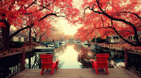 Red chairs on a wooden deck overlooking a canal with autumn foliage.の素材