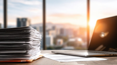 A stack of papers and a laptop sit on a desk with a city view.の素材