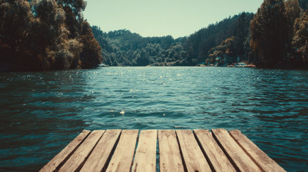 A wooden pier on a calm lake with forested hills in the background.の素材