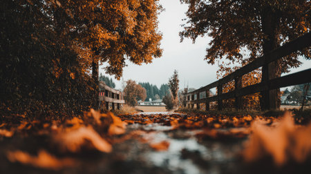 A low-angle view of an autumn path covered in fallen leaves next to a fence.の素材