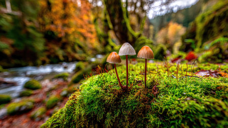Three small mushrooms grow on a mossy surface near a woodland stream.の素材