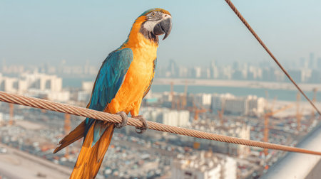 A vibrant macaw parrot sits on a wire with a blurred city in the background.の素材