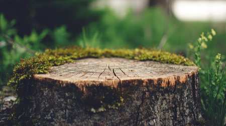 A weathered tree stump is covered with moss and surrounded by lush green foliage.の素材