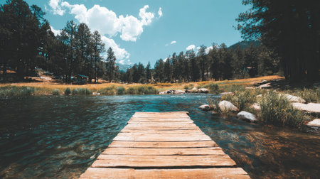 A wooden pier juts out into a flowing river under a bright sky.の素材