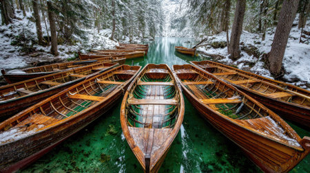 A line of wooden boats on a vibrant green lake in a snowy forest setting.の素材