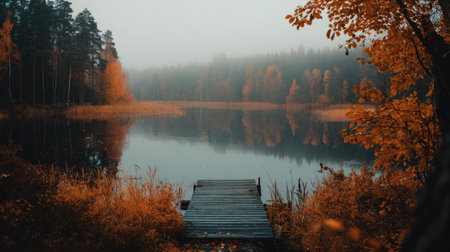 A misty autumn lake with a wooden pier framed by colorful trees.の素材