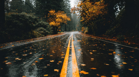 A wet road in autumn covered with fallen leaves.の素材
