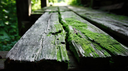 Close-up of weathered wooden planks covered in vivid green moss.の素材
