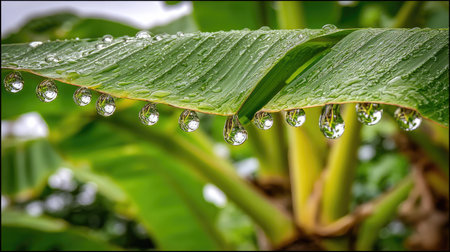 Macro view of water droplets on a vibrant green leaf surface.の素材