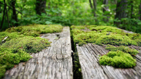 Aged wooden surface covered in vibrant green moss.の素材