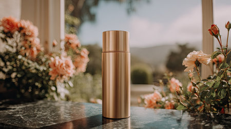 Tall, cylindrical metallic beverage container with a brushed finish stands centered on a dark, polished stone surface. The setting appears to be an open area near a window or veranda, framed by lush pink and peach-colored roses in full bloom and buds, with a soft focus natural landscape visible in the distant background under bright daylight.の素材