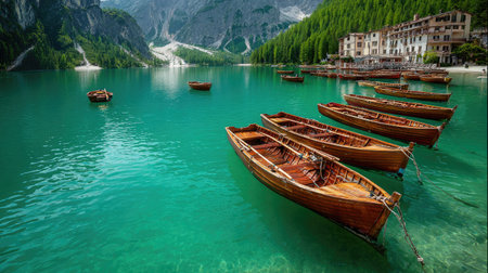 Wooden boats rest on a bright turquoise lake with mountains and trees.の素材