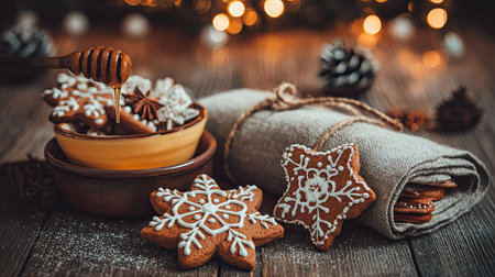 Festive gingerbread cookies are decorated with icing and drizzled with honey.の素材