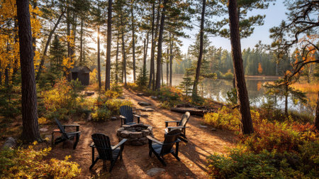 Outdoor seating area and fire pit beside a calm lake during autumn.の素材