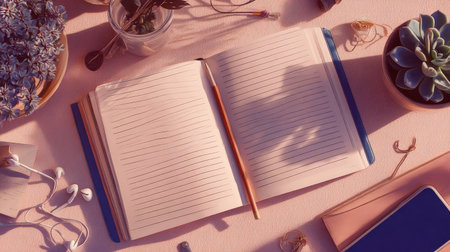 Elevated view captures an open, lined journal placed centrally on a soft pink surface, accompanied by a wooden pencil lying across the pages. Surrounding the notebook are various small items including a potted succulent, a container holding dried flora, tangled metallic wire objects, a pair of white earbuds, and what appears to be a small electronic device or case, all bathed in warm, directional sunlight creating defined shadows.の素材