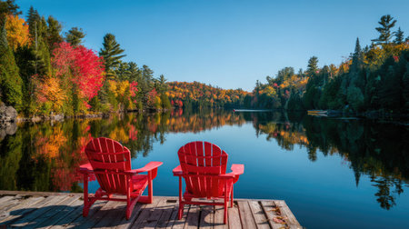 Serene autumn scene with red chairs by a lake reflecting colorful trees.の素材