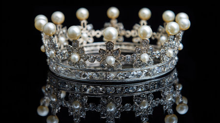 Detailed,  photograph of an elaborate, historic-style crown or tiara crafted from silver metal, set with numerous small, clear gemstones resembling diamonds, and adorned with spherical, creamy white pearls at the peaks and hanging drops. The object is positioned centrally against a deep black background, casting a clear, mirror-like reflection beneath it.の素材